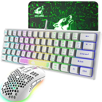 Afbeelding van K61 UK Layout RGB 60% Gaming Toetsenbord Muis Set Bedraad 62 toetsen 7 LED Backlit 19 Anti ghosting + 6400 DPI Ultralight Honingraat Shell Muismat Wit