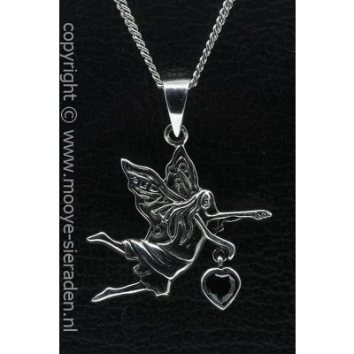 Afbeelding van Zilveren Engel met kristal zwart hart ketting hanger