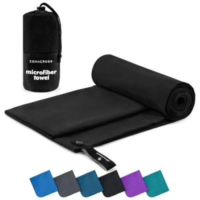 Afbeelding van Zenacross Microvezelhanddoek met draagtas Compacte, sneldrogende en absorberende sporthanddoek Maat S 100 x 50 cm Zwart