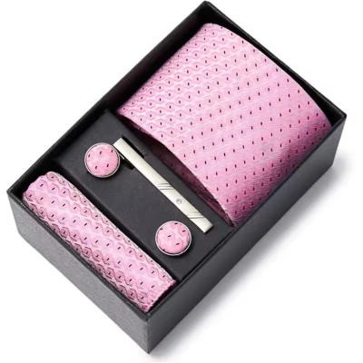 Afbeelding van Actie4you® Luxe Stropdas Set Met Manchetknopen en Pochet Dasspeld Geschenkdoos 4 Delig Roze Rondjes