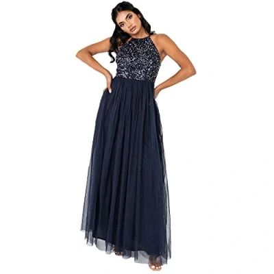 Afbeelding van Maya Deluxe Maxi jurk voor dames, bruidsmeisje, halterjurk, pailletten, versierd, eindejaarsbal, bruiloft, speciale gelegenheden, Donkerblauw, 48