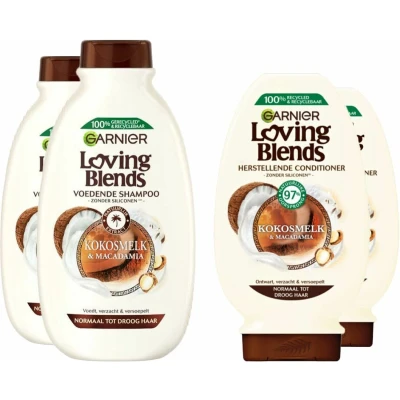 Afbeelding van Garnier Loving Blends Kokosmelk en Macadamia Shampoo 2x 300 ml &amp; Conditioner 250 Pakket