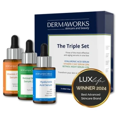 Afbeelding van Dermaworks Serumset + Retinol Serum vitamine c hyaluronzuur, anti aging, rimpel, behandelt ouderdomsvlekken, stimuleert de aanmaak van collageen, verheldert, verstevigt en hydrateert