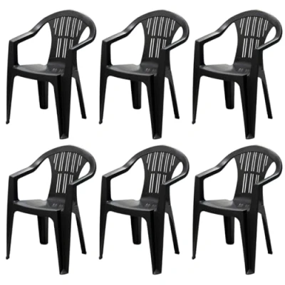 Afbeelding van Tomaino Tuinstoel van kunststof, set 6 stoelen voor buiten, hars, met armleuningen, stapelbaar camping, bar (6, zwart)