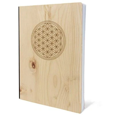 Afbeelding van notitieboek met houten omslag in A5, bloem van het leven, echt om te schrijven, arvenhout, omslag, 192 blanco pagina&#039;s, 90 g