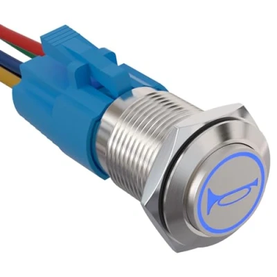 Afbeelding van APIELE 19MM Momentan Claxon knop, drukschakelaar, 12V, met led, waterdicht, momentary claxon, drukknop voorbedrade stekker, auto, camper, vrachtwagen, boot, aan/uit toets, schakelaar, blauw