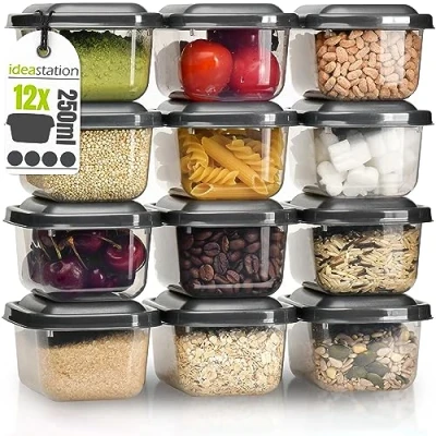 Afbeelding van idea station voorraadpot set 12 stuks, 250 ml, antharzit, met deksel, stapelbaar, voorraadbakken, opbergdozen, lunchbox, keukengadgets, maaltijdbereiding, diepvriesdozen