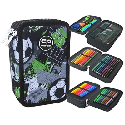 Afbeelding van CoolPack XXL Pencil Case 3 Comparment School Triple voor Jongens Let&#039;s Goal Football 44 delig Gevuld Student Dier, Grijs, Potlood