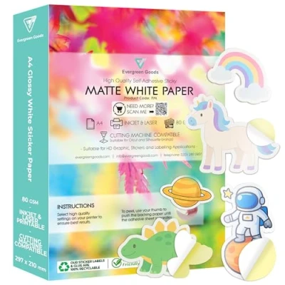 Afbeelding van Evergreen Goods 100 vellen A4 wit mat stickerpapier Inkjet en laser afdrukbaar zelfklevend label met plakkende achterkant Productetiketten maken Voor Kunst &amp; Ambacht