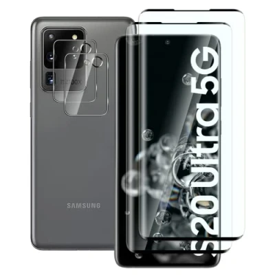 Afbeelding van FWang beschermfolie van gehard glas, compatibel met Samsung Galaxy S20 Ultra 5G, 3D afdekking, 9H hardheid, krasbestendig, luchtbelvrij, HD, 2 en camera&#039;s glas