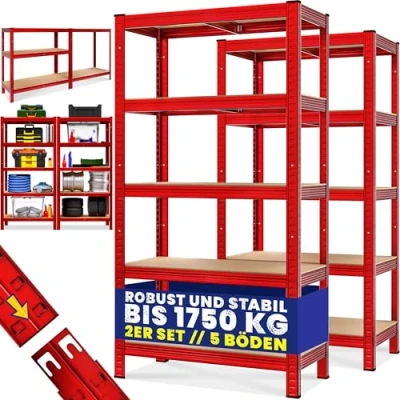 Afbeelding van Stellingkast Set van 2 180x90x40cm Belastbaar tot 1750kg Rood