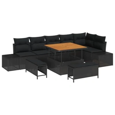 Afbeelding van vidaXL 9 Delige Tuin Sofa Set met Kussens Zwart Poly Rattan Acacia, 2 Zits Rattan, 3 Eet Acacia