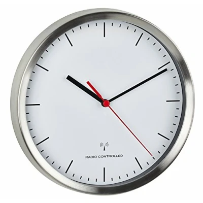 Afbeelding van TFA Dostmann zendergestuurde wandklok, 60.3530.02, modern keukenklok met secondewijzer, hoge precisie, rustig loopwerk &quot;sweep&quot;, frame uit geborsteld roestvrij staal, Ø 220 mm, zilver/wit