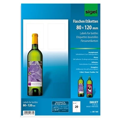 Afbeelding van SIGEL DE160 flessenetiketten, 20 stuks, hoogwit, voor A4 papier, hoogglanzend, 80 x 120 mm.