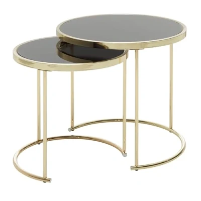 Afbeelding van FineBuy Tafel set Zwart en Goud Bijzettafel van 2 Glas Metaal Ronde Woonkamer Moderne Nesttafel Glazen