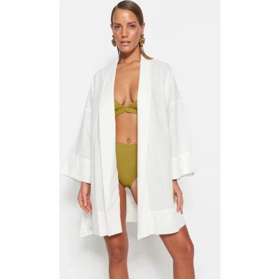 Afbeelding van Trendyol Witte Riem Mini Geweven Gevlamde Katoenen Strandjurk Kimono&amp;Kaftan Tbess23Km00080