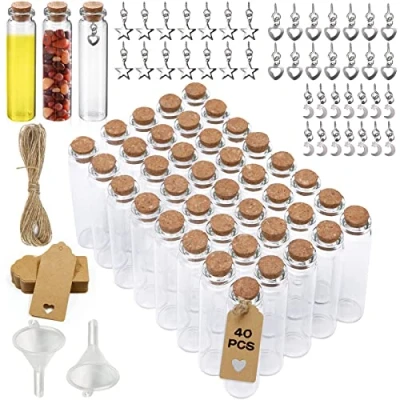 Afbeelding van Amzeeniu 40 stuks kleine glazen flesjes met sluiting, 20 ml, bruiloft, mini fles, 22 x 80 mm, voor dragees, metalen hanger, kaart, trechter, touw