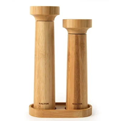 Afbeelding van Salter 7614 WDXR Eco bamboezout en pepermolenset standaard, draai maal, keramisch mechanisme, fijn tot grof instelbaar slijpen, nestontwerp, massief houten bamboe
