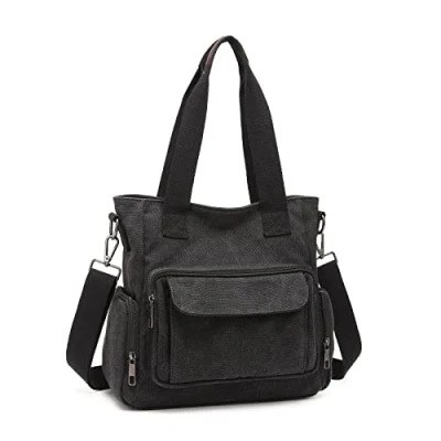 Afbeelding van Kono Canvas Vrouwen Handtas Casual Hobo Schoudertas Top Handvat Crossbody Tas Tote Schoudertassen Voor Werk Reizen Winkelen, Zwart