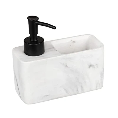 Afbeelding van WENKO Afwasmiddeldispenser Resa marmerkleurig, zeepdispenser voor de keuken in marmerlook met handig sponsvak, inclusief afwasspons, navulbaar, vulinhoud ca. 150 ml, 14,5 x 14,3 6 cm, wit/zwart