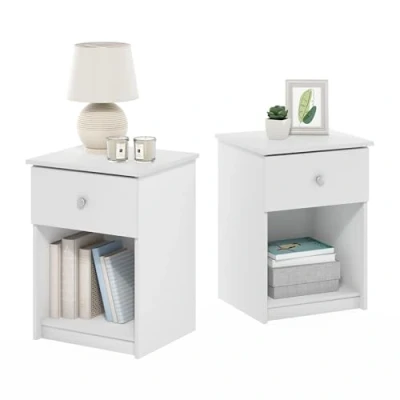 Afbeelding van Furinno Lucca bijzettafel, nachtkastje met één lade, set van 2, wit