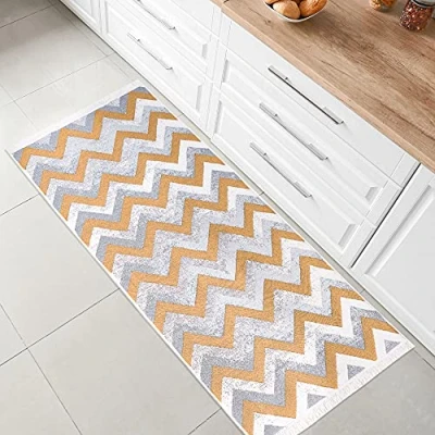 Afbeelding van Fashion4Home Vloerkleed, laagpolig Boho Kelim tapijt, woonkamertapijt, slaapkamer en keukentapijt, tapijtloper, haltapijt, kinderkamertapijt, zigzag goud, afmetingen: 60 x 180 cm