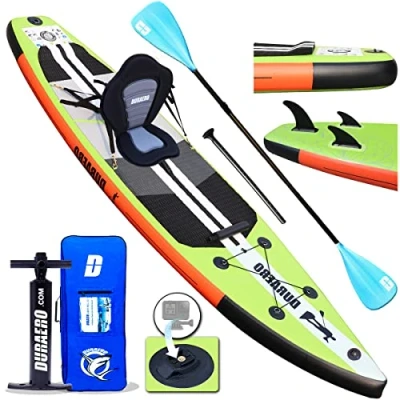 Afbeelding van Duraero Stand up paddle board, inclusief kajakzitting, geïntegreerd kickpad, 3 vinnen, verstelbare dubbele peddel, complete accessoires, 330 x 76 15 cm, tot 150 kg, groen