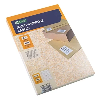 Afbeelding van D.RECT Zelfklevende etiketten, universele etiketten (70 x 37 mm op DIN A4), bedrukbaar, zelfklevend, 100 vellen/verpakking 24 etiketten/vellen 2400 stuks, wit