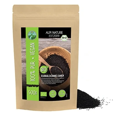 Afbeelding van biologische zwarte komijn heel, komijnzaad van gecontroleerde teelt, glutenvrij, lactosevrij, laboratorium getest, veganistisch, 100% natuurlijk zonder toevoegingen, (500 GR)