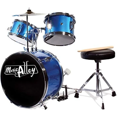 Afbeelding van Music Alley DBJK02 MR Driedelig junior drumstel voor kinderen met cimbaalpedaal, drumkruk en drumstokken, metaalblauw