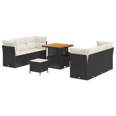Afbeelding van vidaXL 9 delige tuinbankstel met kussens zwart poly rattan acacia