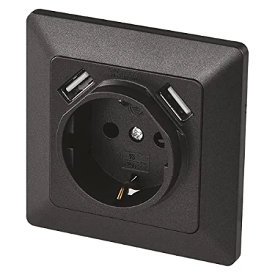 Afbeelding van EMOS A6000.3 inbouwstopcontact met 2 x USB poorten, geaarde stopcontact, 5 V/2,1 A voor mobiele telefoon of smartphone opladen, antraciet, 4000 W, 250 V,zwart