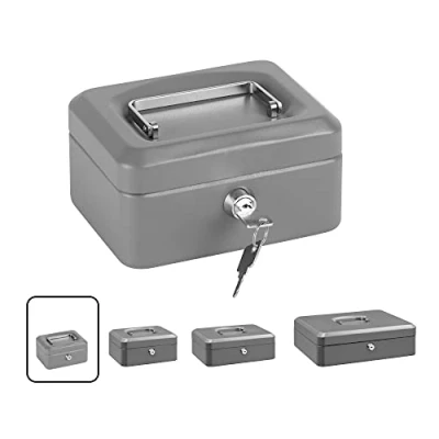 Afbeelding van ARREGUI Elegant C9216 Stalen Geldkistje Geldkist 15 cm Breed Afsluitbare Geldkluisje met Legbord Kleine Sleutel en Inzet voor Munten Kassa Grijs