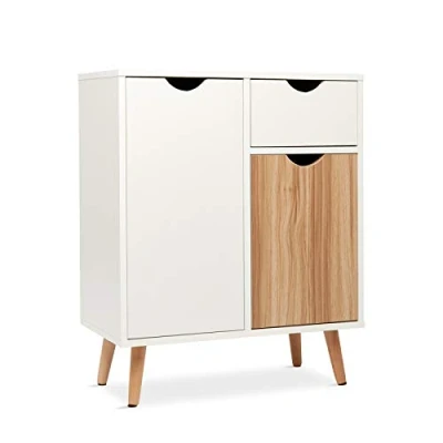Afbeelding van Meerveil H1071ST03ME Commode, dressoir highboard hout met 1 schuiflade 2 deuren voor woonkamer slaapkamer hal wit en natuur 60 x 30 73 cm,wit+licht eiken