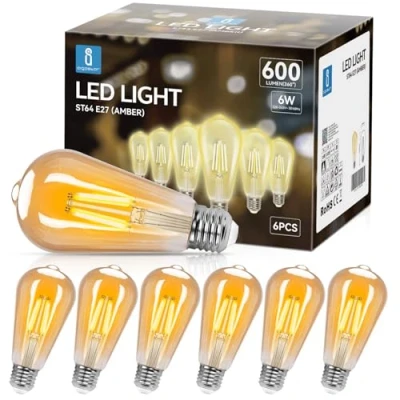 Afbeelding van Aigostar Vintage Edison Gloeilampen 6Pack, E27 6W (48W Equivalent) Gloeilampen, 2200K Warm Witte Retro Perfect Voor Huizen, Bars, Coffeeshops, Binnenplaats, Ect.