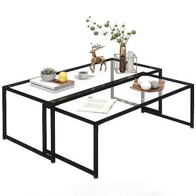 Afbeelding van HOMCOM Salontafelset 2 delig Bijzettafel, Koffietafel, Set van tafels, Glazen tafel, Slaapkamertafel, Staal, Zwart.