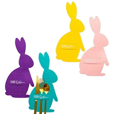 Afbeelding van Papierdrachen 4 vilten bestekhouders paasdecoratie motief hazen in de kleur pastel met hoogwaardige print feestelijke set 2