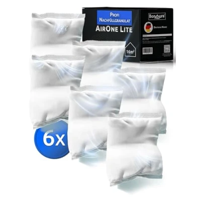 Afbeelding van BonAura® AirOne Lite luchtontvochtiger zonder stroom, met 360 ventilatie, kamerontvochtiger schenktuit en 450 g granulaat, ruimteontvochtiger voor badkamer keuken tot 16 m²,