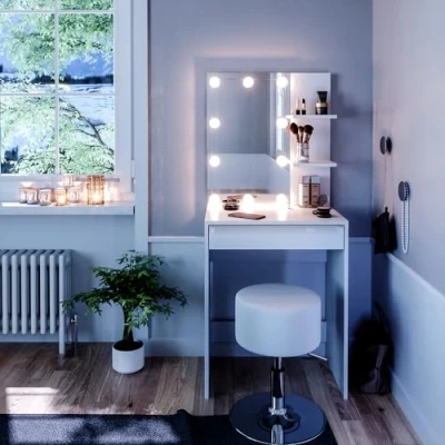 Afbeelding van Vicco Make uptafel set met kruk &quot;Isabelle&quot;, Wit, 60 cm LED verlichting en