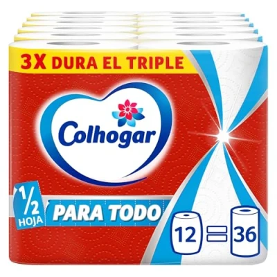 Afbeelding van Colhogar Paratode Maxirolls 6 x 2, multifunctioneel keukenpapier, papieren handdoekrollen voor keuken, drievoudig duurzaam en absorberend, 12 rollen
