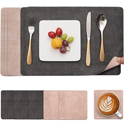 Afbeelding van Myir JUN Lederen Placemat en Onderzetters, Tafelmatten Waterdichte Afveegbare Dubbelzijdige Plaats Matten Koffiematten Antislip Wasbare Placemats Coaster (Grijs Roze, Sets 6)