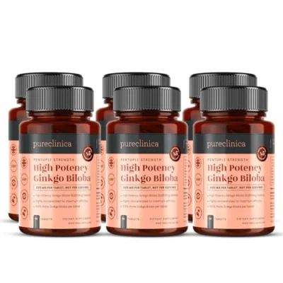 Afbeelding van Pureclinica High Potency Ginkgo Biloba 30.000mg (6 flessen van 90 tabletten). 18 maanden leveren 5 keer de sterkte concurrerende producten met 600mg 50:1 extract en 24% Flavone Glycosiden per tablet