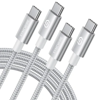 Afbeelding van SYNCWIRE Snel opladen USB C oplaadkabel (1,8 m, 2 stuks), duurzame nylon naar kabel, 60W (3A) Type kabel voor iPhone 15/15 Pro/15 Plus/15 Pro Max MacBook Samsung Galaxy zilver