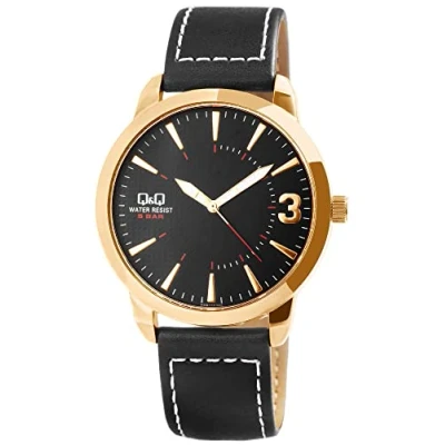 Afbeelding van Q&amp;Q rosekleurig Herenhorloge met zwart lederen band 5 atm waterdicht model QA98j112y