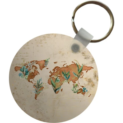 Afbeelding van Sleutelhanger Wereldkaart Retro Planten Plastic Rond Uitdeelcadeautjes