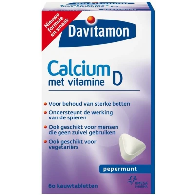 Afbeelding van Gratis Verzending: 4x Davitamon Calcium Vitamine D3 Pepermunt 60 kauwtabletten