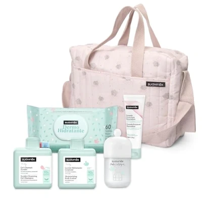 Afbeelding van Suavinex, Babytrolley met cosmetica: Gel Shampoo Syndet 300 ml + hydraterende lotion zalf 75 Baby Cologne 100 doekjes 72 stuks. Roze