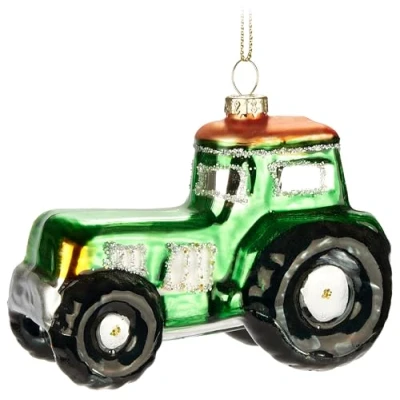 Afbeelding van BRUBAKER Trecker kerstbal van glas, met de hand beschilderde 9 cm, boombal voor boeren en boeren, groene tractors, mondgeblazen kerstboomversiering, grappige decoratieve hanger