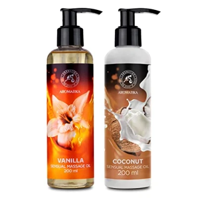 Afbeelding van Sensuele Massageolie Vanille Kokos 2x200ml Lichaamsmassageolie met Amandelolie en Druivenpitolie Kokosolie Eetbaar, Consumeerbaar, Natuurlijk Kussende Ontspanningsmassageolie