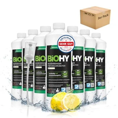 Afbeelding van BiOHY Vloerreiniger voor dweilrobots (9 x 1l Fles) + doseerder Concentreer alle veeg &amp; zuigrobots met natte functie duurzaam ecologisch lentegeur (Wischroboter)